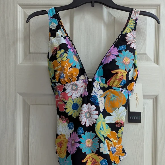 Profile By Gottex Floral One Piece Swimsuit - Black, Orange, Blue - Picture 2 of 9